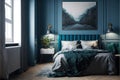 Stylish bedroom interior in trendy blue