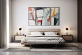 a stylish bedroom with a modernist bed frame and abstract art on the walls