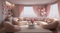 Stylish beige sofa with adorable pink heart shaped pillows, complemented by vibrant potted plants