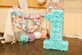 Stylish Birthday decorations for little girl on her first birthday Royalty Free Stock Photo