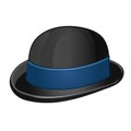 A stylish black bowler hat with blue ribbon isolated on a white background. Vector illustration.