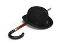 Stylish Black bowler hat and walking stick on a white background Royalty Free Stock Photo