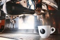 Stylish black espresso making machine brewing two cups of coffee, shooted in cafe. Royalty Free Stock Photo