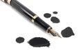 Stylish black fountain pen and blots of ink isolated on white Royalty Free Stock Photo