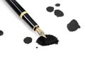 Stylish black fountain pen and blots of ink on white Royalty Free Stock Photo