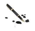 Stylish black fountain pen and blots of ink isolated on white Royalty Free Stock Photo