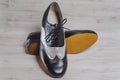 Stylish black mans crafted shoes for ballroom dancing Royalty Free Stock Photo