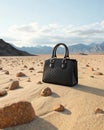 Luxurious structured dior handbag in matte finish placed on sandy desert landscape with mountains Royalty Free Stock Photo