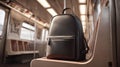 Stylish black leather backpack placed on an empty seat inside a vintage subway train car with warm natural light streaming through Royalty Free Stock Photo