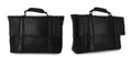 Stylish black leather briefcases on white background, collage. Banner design