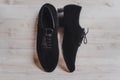 Stylish black mans crafted shoes for ballroom dancing Royalty Free Stock Photo