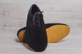 Stylish black mans crafted shoes for ballroom dancing Royalty Free Stock Photo