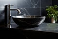 Stylish black marble round vessel sink and chrome faucet. Generative AI