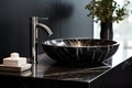 Stylish black marble round vessel sink and chrome faucet. Generative AI
