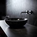 Stylish black marble round vessel sink and wall mounted faucet on stone wall. Interior design of modern bathroom. Created with Royalty Free Stock Photo