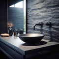 Stylish black marble round vessel sink and wall mounted faucet on stone wall. Interior design of modern bathroom. Created with Royalty Free Stock Photo