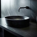 Stylish black marble round vessel sink and wall mounted faucet on stone wall. Interior design of modern bathroom. Created with Royalty Free Stock Photo