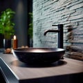 Stylish black marble vessel round sink and faucet on stone countertop. Interior design of modern bathroom. Created with generative Royalty Free Stock Photo