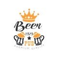 Stylish black and orange emblem for pub, restaurant or cafe. Original vector logo with crown and beer mugs with foam