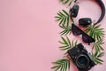 Stylish black photo camera with green palm leaves, sunglasses an Royalty Free Stock Photo