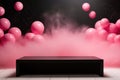 Stylish black podium with pink balloons and smoke. Mock up for product presentation. Platform for beauty products. Empty
