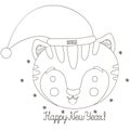 Stylish black and white isolated outline childish illustration of the face of a cute happy tiger wearing a Santa Claus hat in Scan