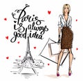 Stylish blond Girl make shopping in Paris. Illustration sketch