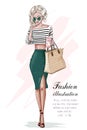 Stylish blonde girl in fashion clothes, with bag and coffee cup. Hand drawn beautiful girl. Fashion woman. Sketch. Royalty Free Stock Photo