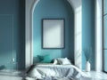 Blue bedroom interior with a large arched niche and a blank frame on the wall. There is a white bed with a turquoise pillow and a