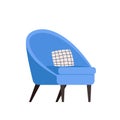 Stylish blue comfortable chair with plaid cushion in flat cartoon style. Part of the interior of a living room or office