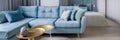 Stylish blue corner sofa, panorama