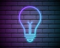 Stylish Blue Light Neon Lamp. Vector illustration . neon Bulb icon isolated on dark brick wall background Royalty Free Stock Photo