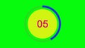 Stylish blue and yellow 10 second countdown timer on yellow background green screen. Smooth circular animated indicator