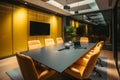 Stylish boardroom black table, swivel chairs, flat screen TV, mustard curtains