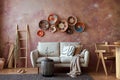 The stylish boho composition at living room interior with design beige sofa, coffee table, table, wicker baskets and personal Royalty Free Stock Photo