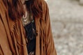 Stylish boho woman look. gypsy hipster girl in fringe jacket wit Royalty Free Stock Photo