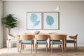 Stylish and botany interior of dining room with design craft wooden table, chairs, a lof of plants, big window, poster map and Royalty Free Stock Photo