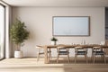 Stylish and botany interior of dining room with design craft wooden table, chairs, a lof of plants, big window, poster map and Royalty Free Stock Photo