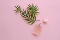 Stylish bottle of perfume with spray of palm green leaves on pin Royalty Free Stock Photo