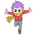 Stylish boy jump down like a superhero, doodle icon image kawaii