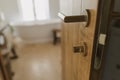 Stylish brass handle and lock on rustic wooden door, modern design detail close up. Bathroom interior element. Welcome home