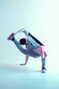 Stylish breakdancer guy dancing hip-hop in neon light. Dance school poster. Battle competition announcement