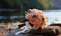 Stylish bride bouquet elegant. A beautiful wedding bouquet with orange roses in bride's hands. A woman in wedding Royalty Free Stock Photo