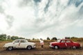 Stylish bride and happy groom near  two retro cars on the background of nature Royalty Free Stock Photo