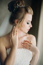 Stylish bride posing in soft light near window in hotel room. Gorgeous sensual and tender bride portrait . Morning preparation