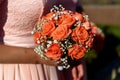 Stylish bridesmaids in pink lace dress holding amazing bouquets