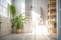 Stylish bright bathroom with a shower, shelves for towels and a green plant in the corner. Natural light from a large window. Royalty Free Stock Photo