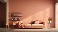 Stylish bright interior of a fashionable Apricot Crush room in peach-orange color with beautiful sunlight. Design of a Royalty Free Stock Photo