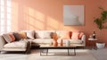 Stylish bright interior of a fashionable Apricot Crush room in peach-orange color with beautiful sunlight. Design of a Royalty Free Stock Photo
