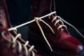 Stylish bright red shoes with thick white laces tied together, close-up, selective focus, space for text. April Fools` day, prank Royalty Free Stock Photo